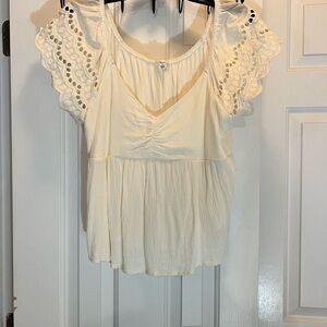 Love on a Hanger Cream Ruched Blouse with Cap Sleeves
